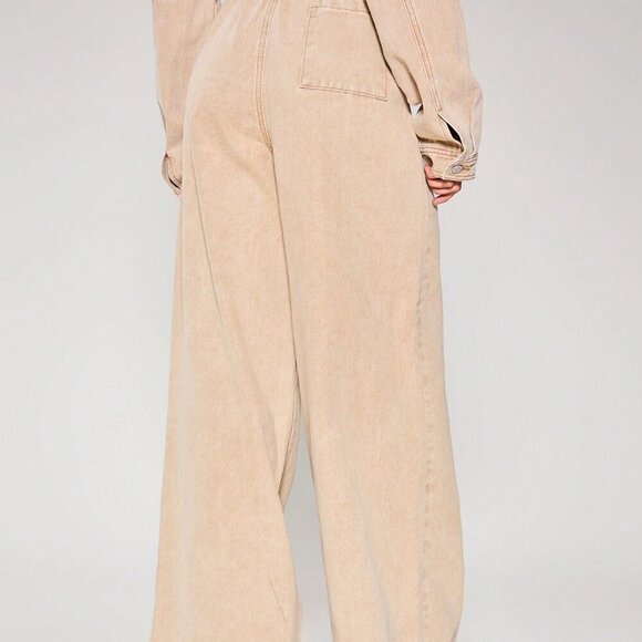 Khaki Casual Women's Tie Waist Wide Leg Washed Denim Trousers pants - Picture 4 of 6